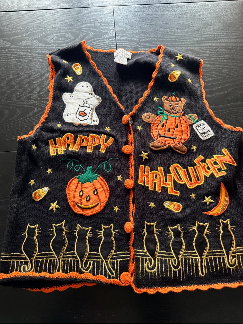 Basic Editions Women’s Halloween Knit V-Neck Button-Front Vest Sz L Black/Orange